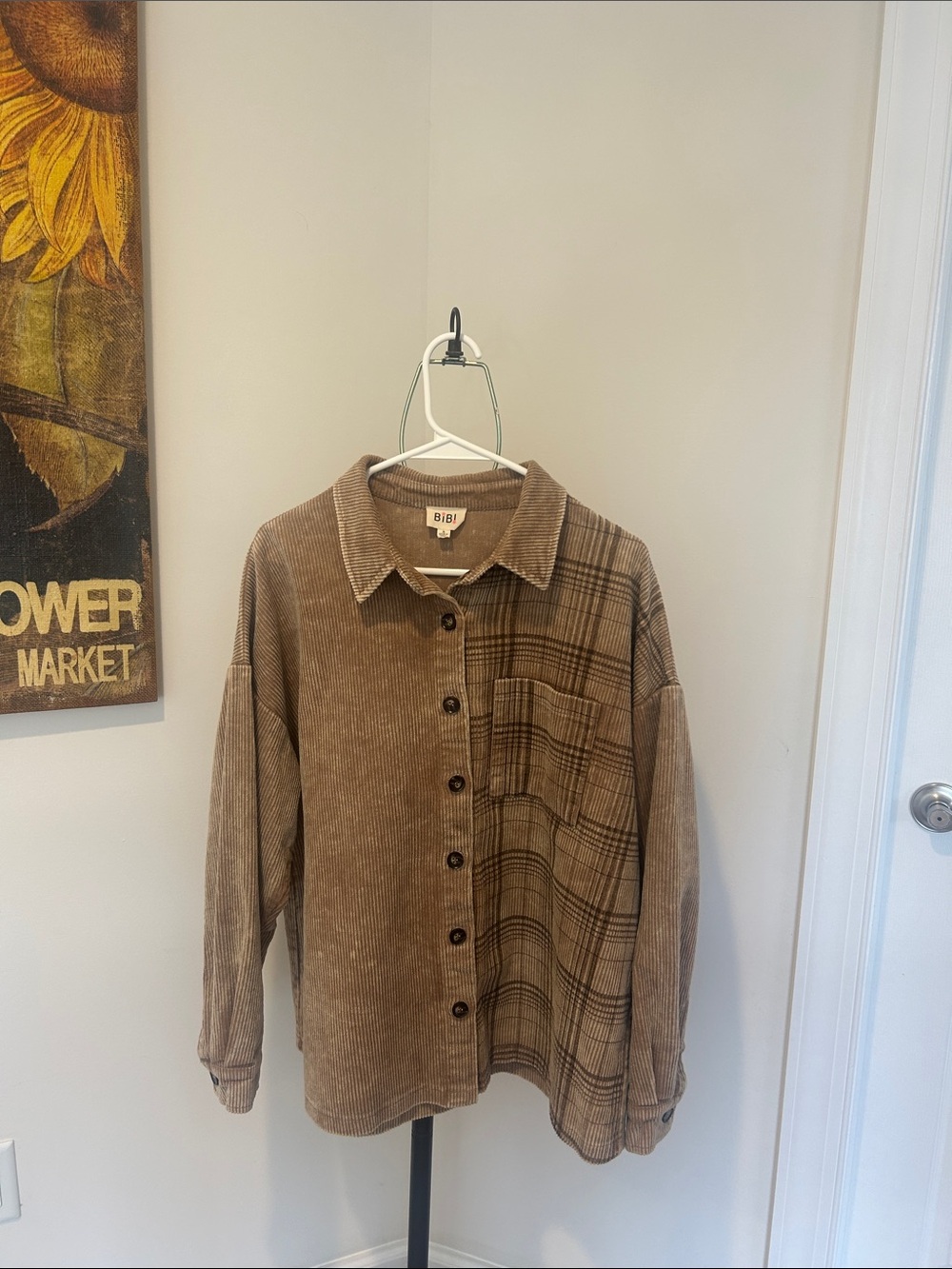 BiBi Two-Tone Brown Corduroy & Plaid Button-Up Shirt/Shacket. NWOT